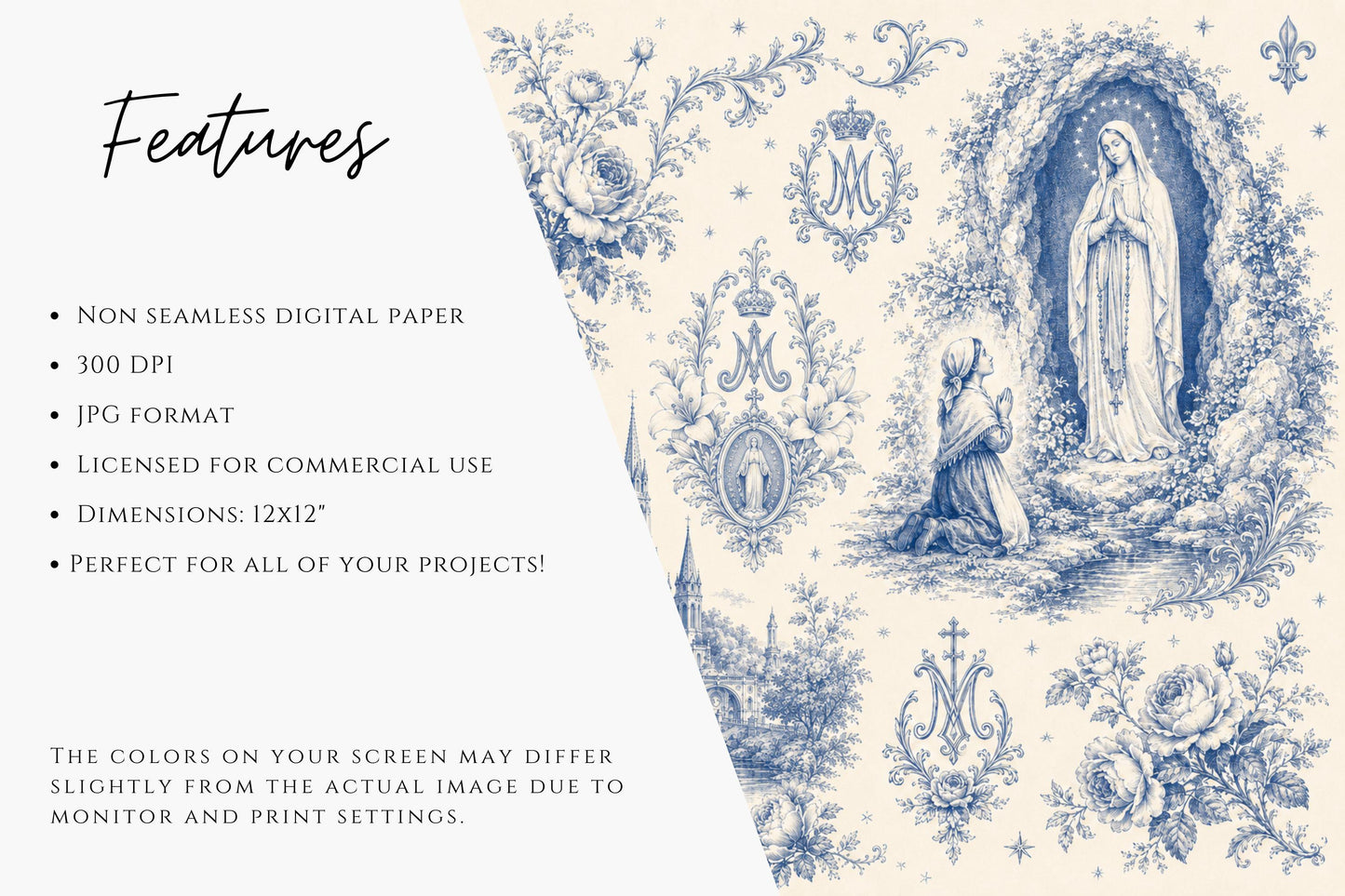 Elegant Our Lady of Lourdes printable background with blue toile de Jouy inspired Catholic illustrations, floral details, and Marian symbols / Fondo imprimible elegante de Nuestra Señora de Lourdes con ilustraciones católicas inspiradas en toile de Jouy azul, flores y símbolos marianos