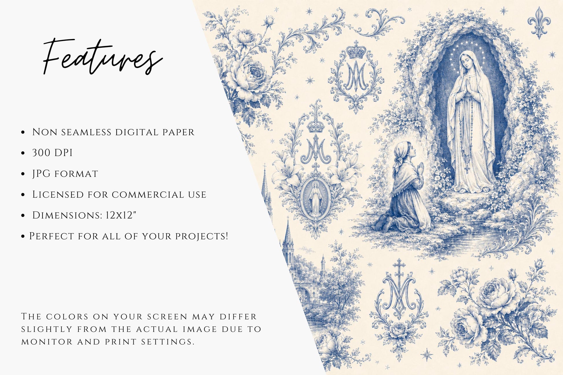 Elegant Our Lady of Lourdes printable background with blue toile de Jouy inspired Catholic illustrations, floral details, and Marian symbols / Fondo imprimible elegante de Nuestra Señora de Lourdes con ilustraciones católicas inspiradas en toile de Jouy azul, flores y símbolos marianos