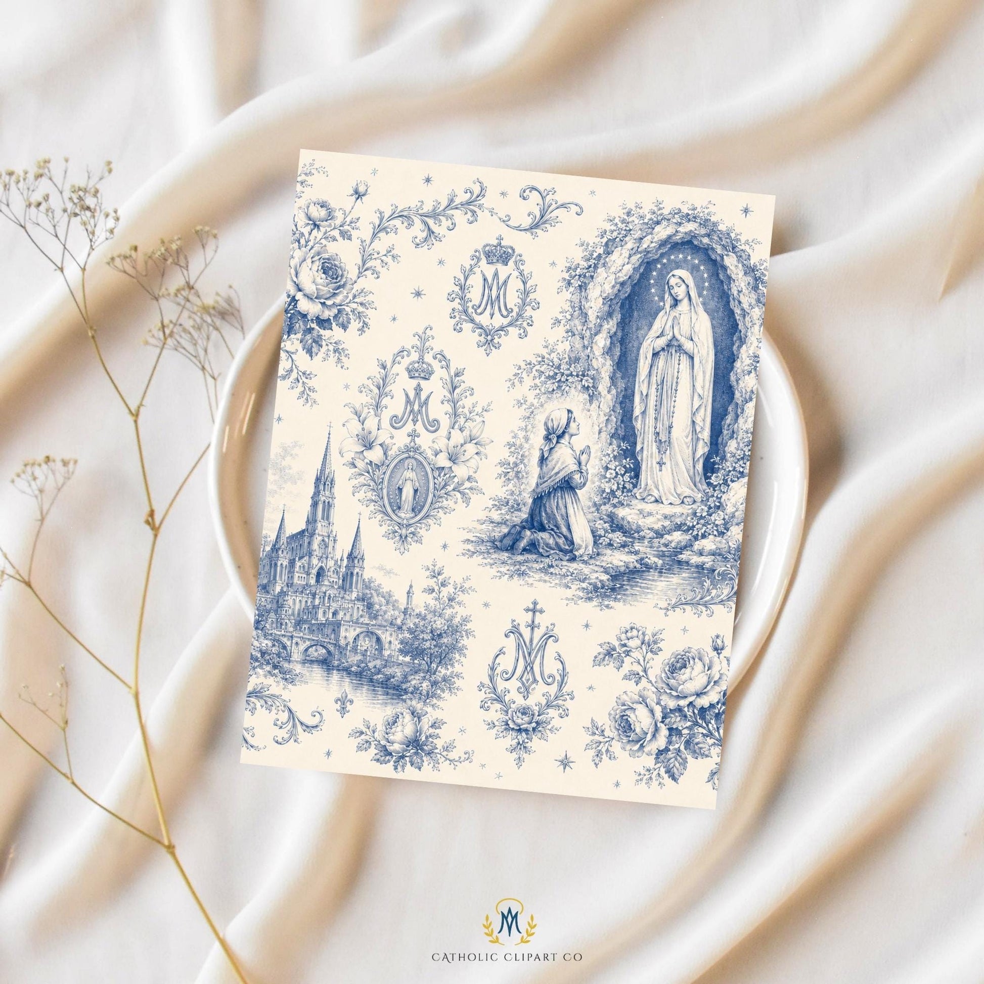 Our Lady of Lourdes 12x12 digital scrapbook paper with elegant French toile Catholic artwork in soft Marian blue on cream / Papel digital 12x12 de Nuestra Señora de Lourdes para scrapbook con elegante arte católico toile francés en azul mariano sobre crema