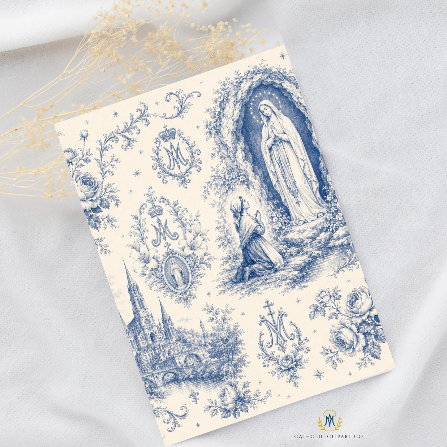 Vintage Marian digital paper with Our Lady of Lourdes, Catholic basilica, floral roses, fleur-de-lis, and ornate blue toile artwork / Papel digital mariano vintage con Nuestra Señora de Lourdes, basílica católica, rosas, flores de lis y arte toile azul ornamentado