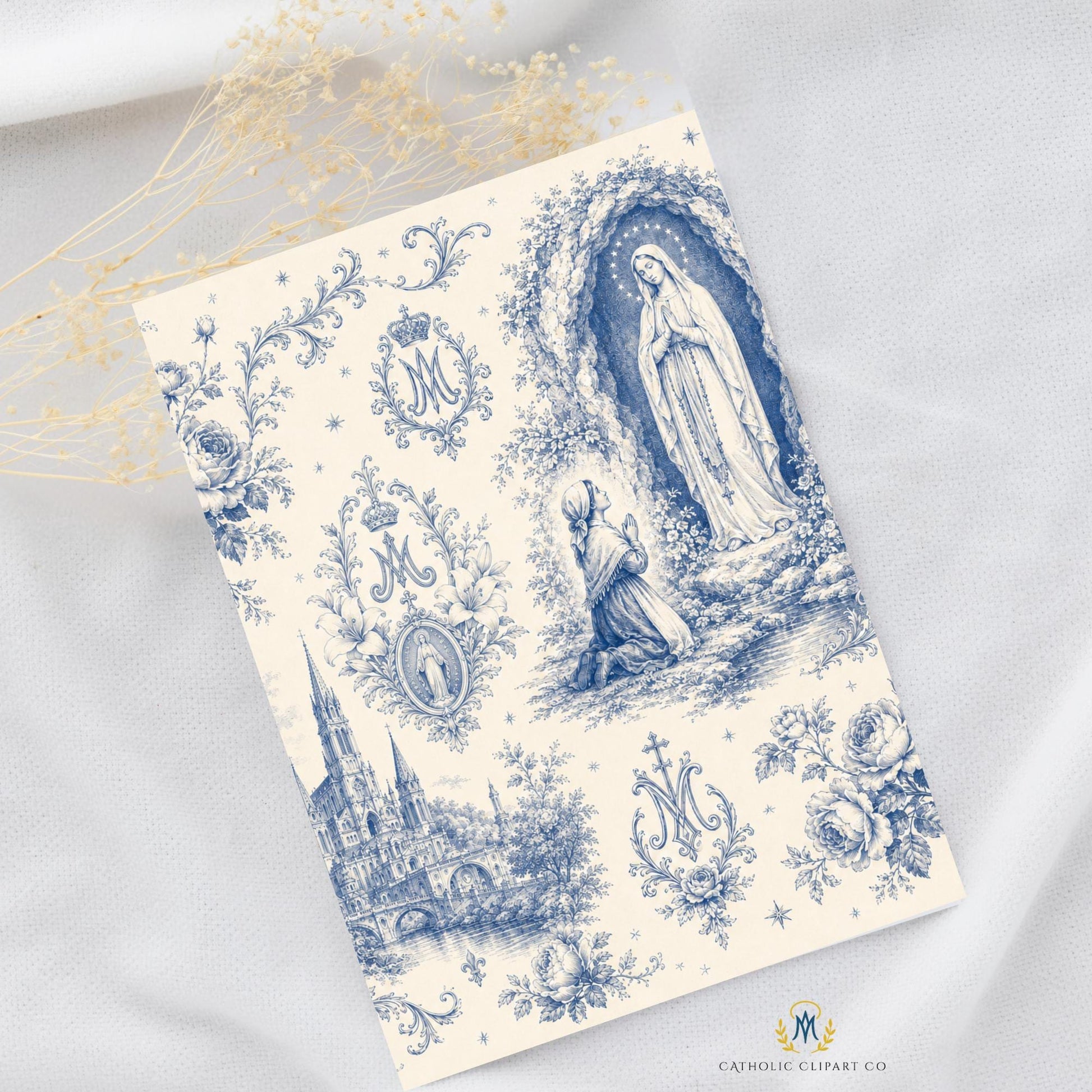 Vintage Marian digital paper with Our Lady of Lourdes, Catholic basilica, floral roses, fleur-de-lis, and ornate blue toile artwork / Papel digital mariano vintage con Nuestra Señora de Lourdes, basílica católica, rosas, flores de lis y arte toile azul ornamentado