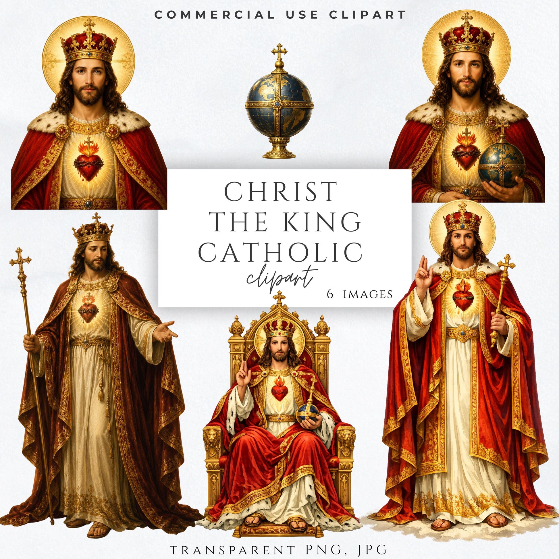 Christ the King Catholic clipart with Sacred Heart, crown and red royal robes | Clipart católico de Cristo Rey con Sagrado Corazón, corona y manto rojo