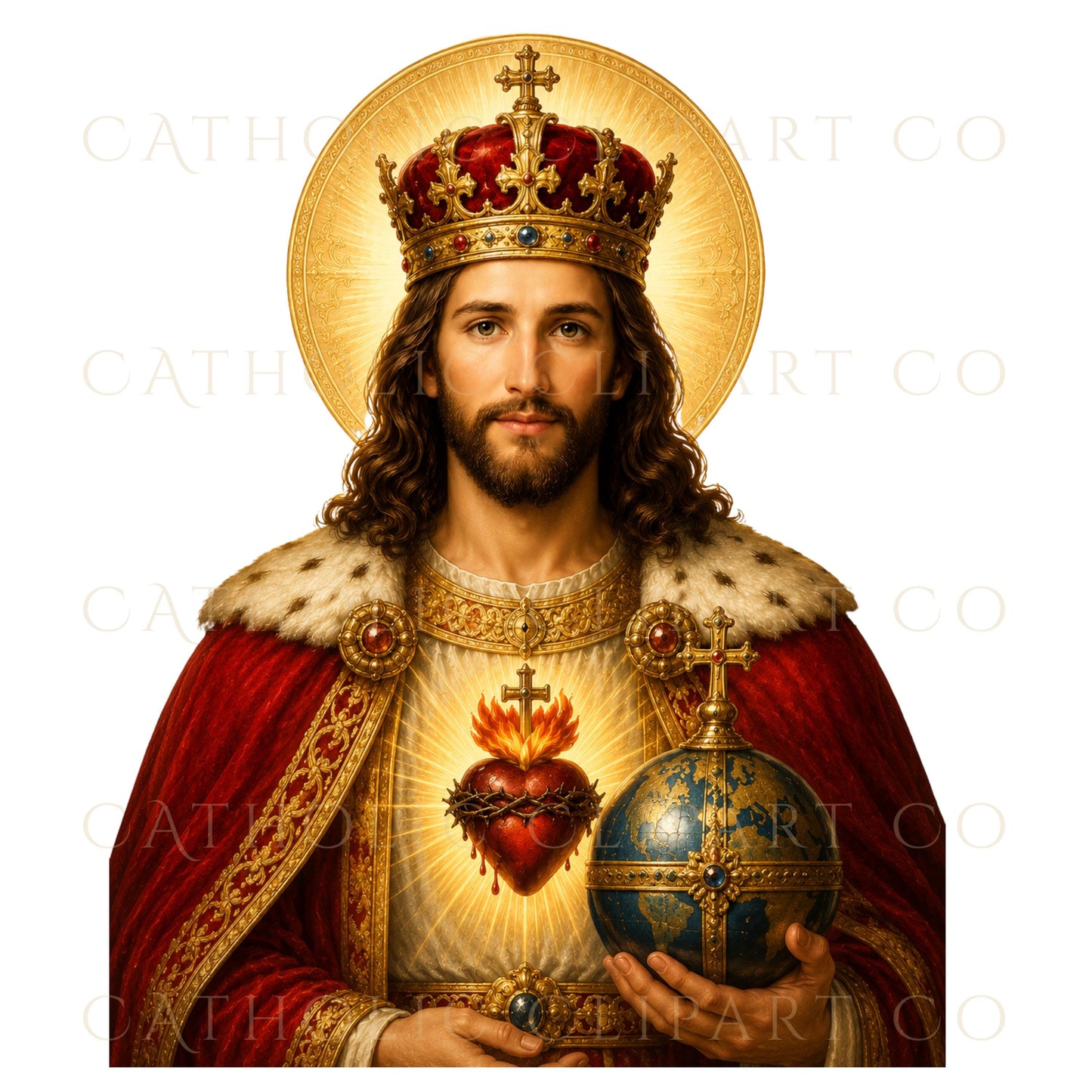 Christ the King Jesus portrait with jeweled crown, halo and red royal mantle | Retrato de Jesús Cristo Rey con corona de joyas, halo y manto real rojo