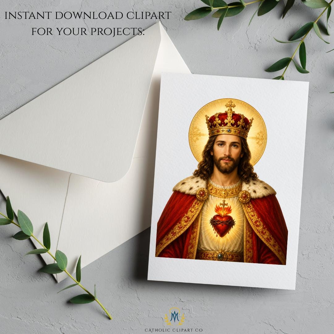 Christ the King Jesus PNG with golden crown, halo and Sacred Heart Catholic artwork | PNG de Jesús Cristo Rey con corona dorada, halo y Sagrado Corazón