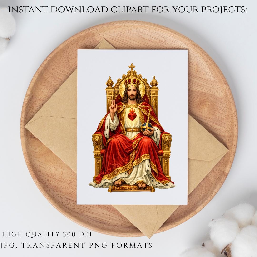 Christ the King seated on ornate golden throne holding royal orb Catholic PNG | Cristo Rey sentado en trono dorado sosteniendo orbe real PNG católico