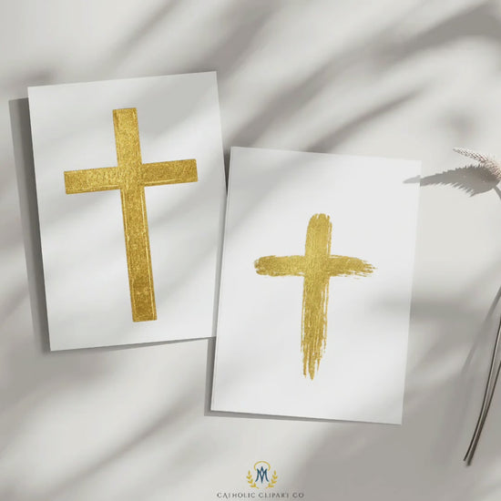 Catholic Gold Cross Clipart PNG | Gold Foil Christian Cross | Religious Cross Design for Lent, Easter, Baptism