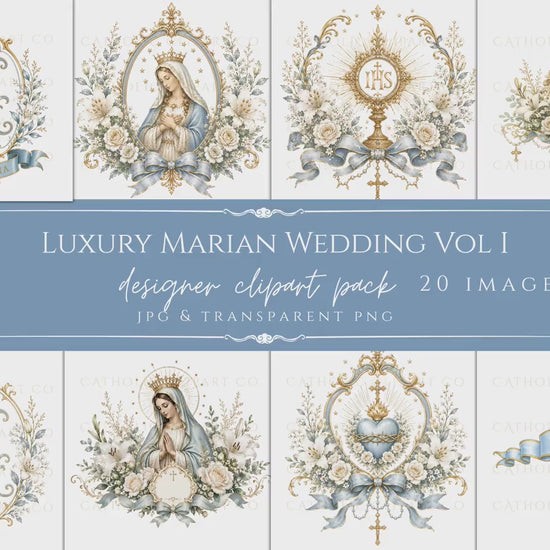 Catholic Wedding Graphics Bundle PNG, Luxury Blue Gold Clipart, Marian Monogram Designer Kit, Commercial Use