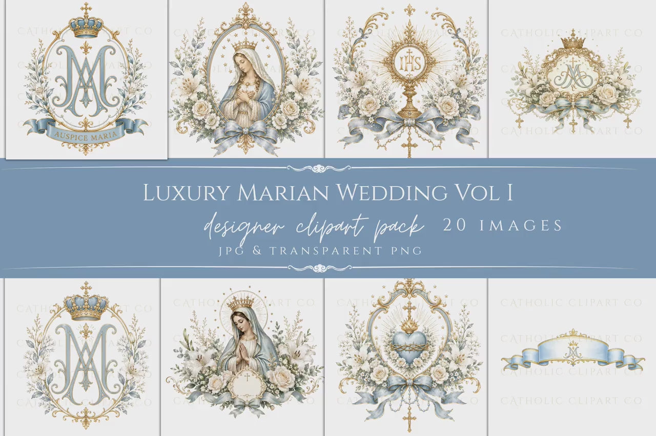 Catholic Wedding Graphics Bundle PNG, Luxury Blue Gold Clipart, Marian Monogram Designer Kit, Commercial Use