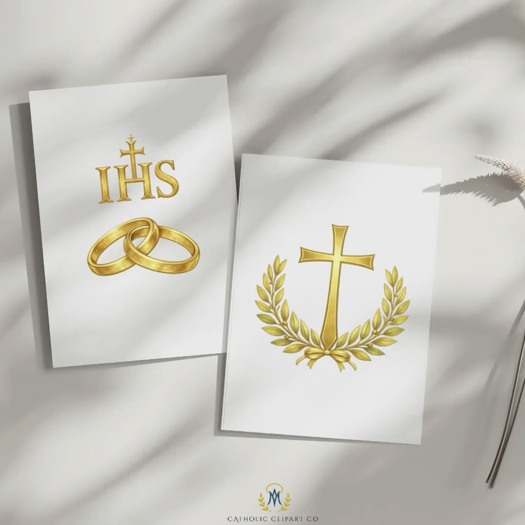 Catholic Wedding Clipart | Holy Matrimony Text & Emblems | Joined in Christ Gold PNG | Religious Marriage Designs