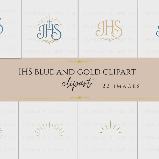 IHS Design Elements Clipart | Catholic IHS Symbol, Gold & Blue Religious Icons, Eucharist, Crosses, Seals | Commercial use PNG