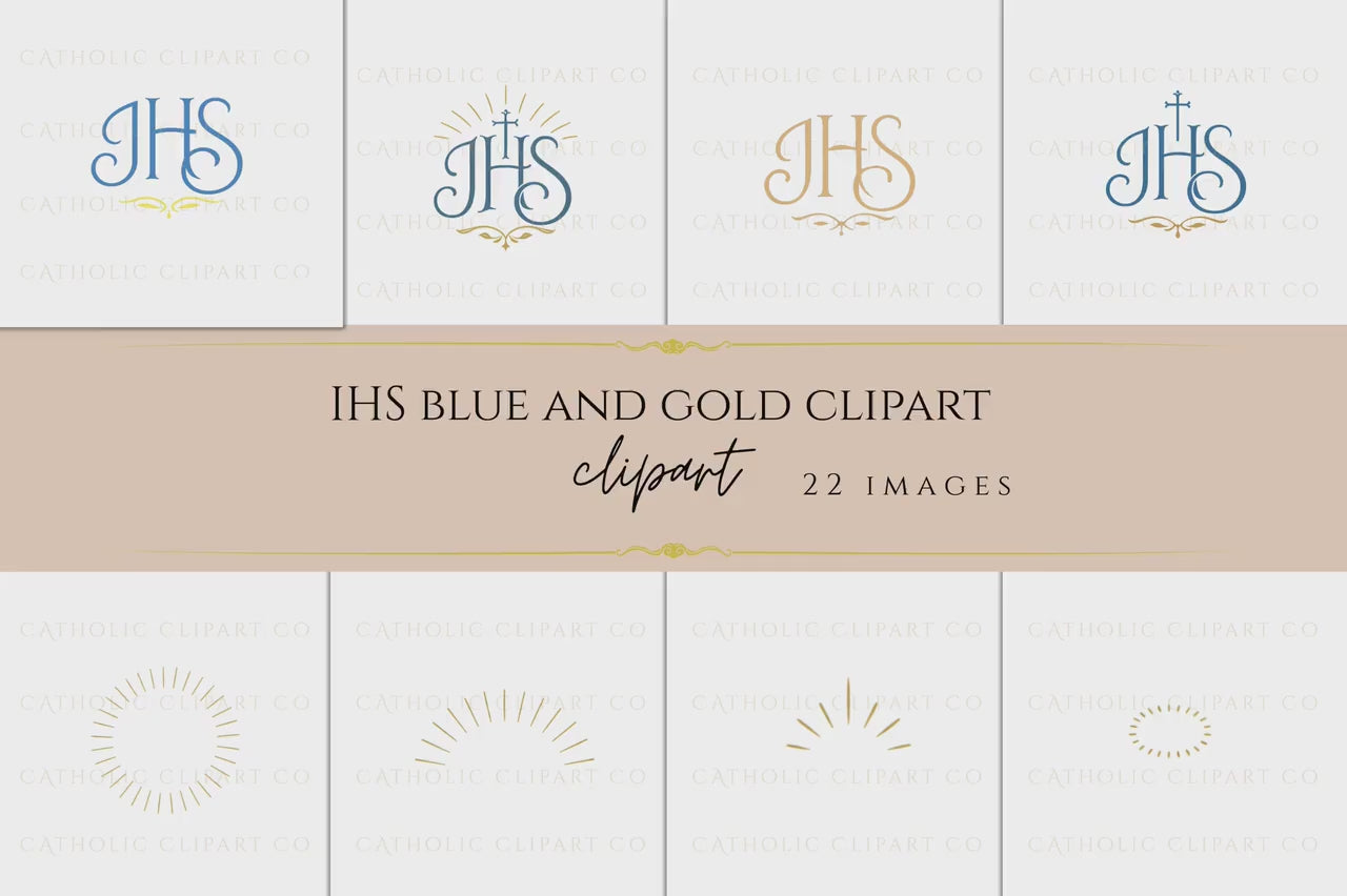 IHS Design Elements Clipart | Catholic IHS Symbol, Gold & Blue Religious Icons, Eucharist, Crosses, Seals | Commercial use PNG