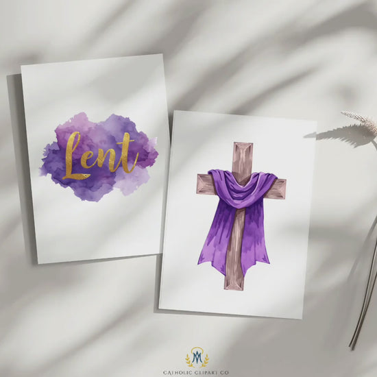 Lent Watercolor Clipart PNG | Christian Lent Clipart Set | Purple Cross & Lent Text | Religious Graphics