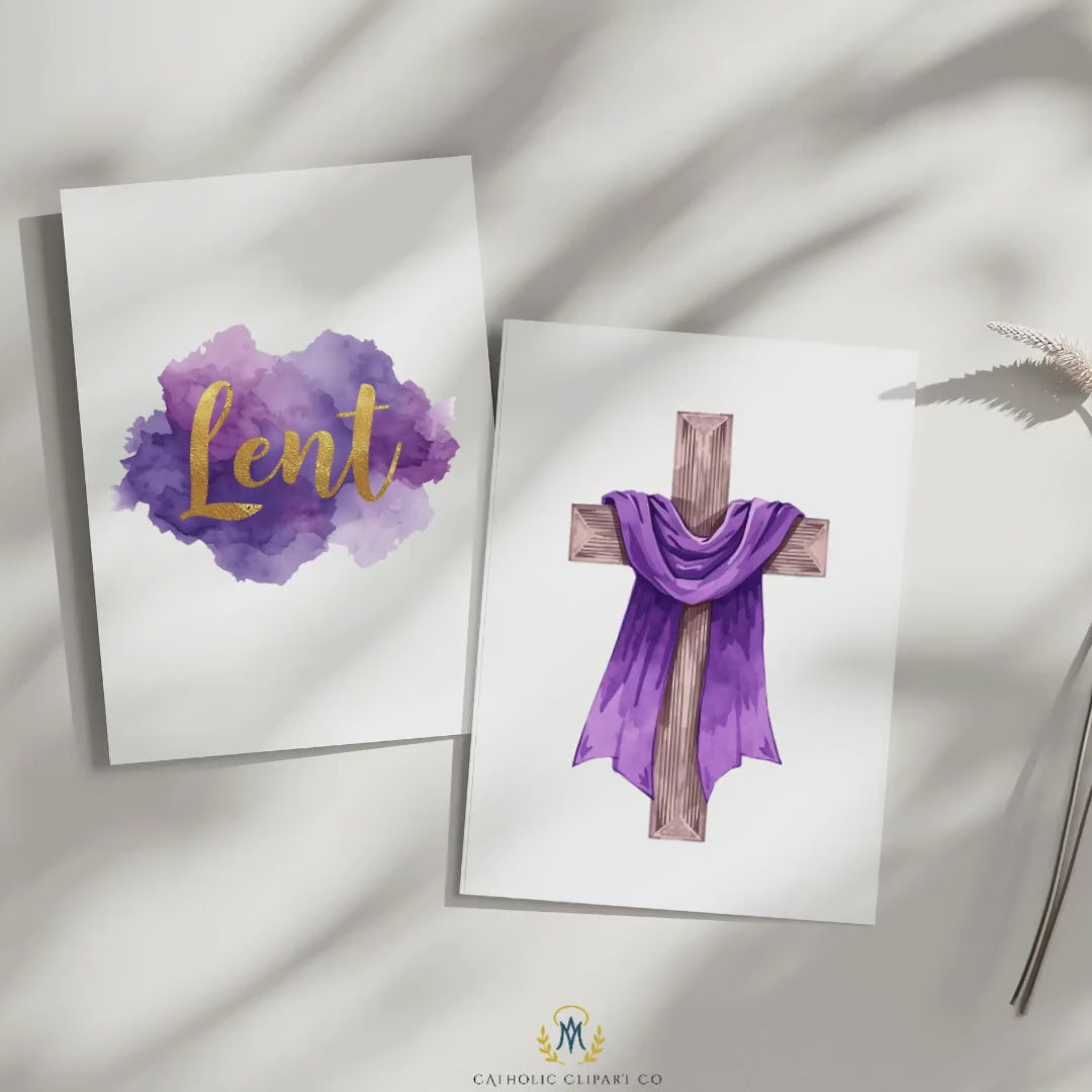 Lent Watercolor Clipart PNG | Christian Lent Clipart Set | Purple Cross & Lent Text | Religious Graphics