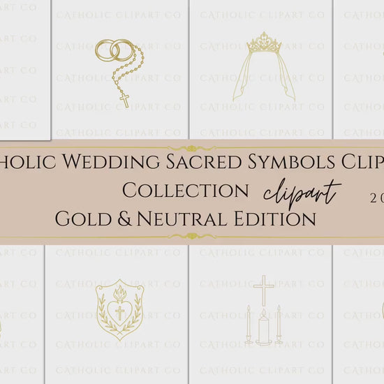 Catholic Wedding Clipart Bundle, Gold Line Art Symbols, Marian Monogram, Sacred Heart, Doves, Crosses, Floral Crests, Holy Family PNG JPG