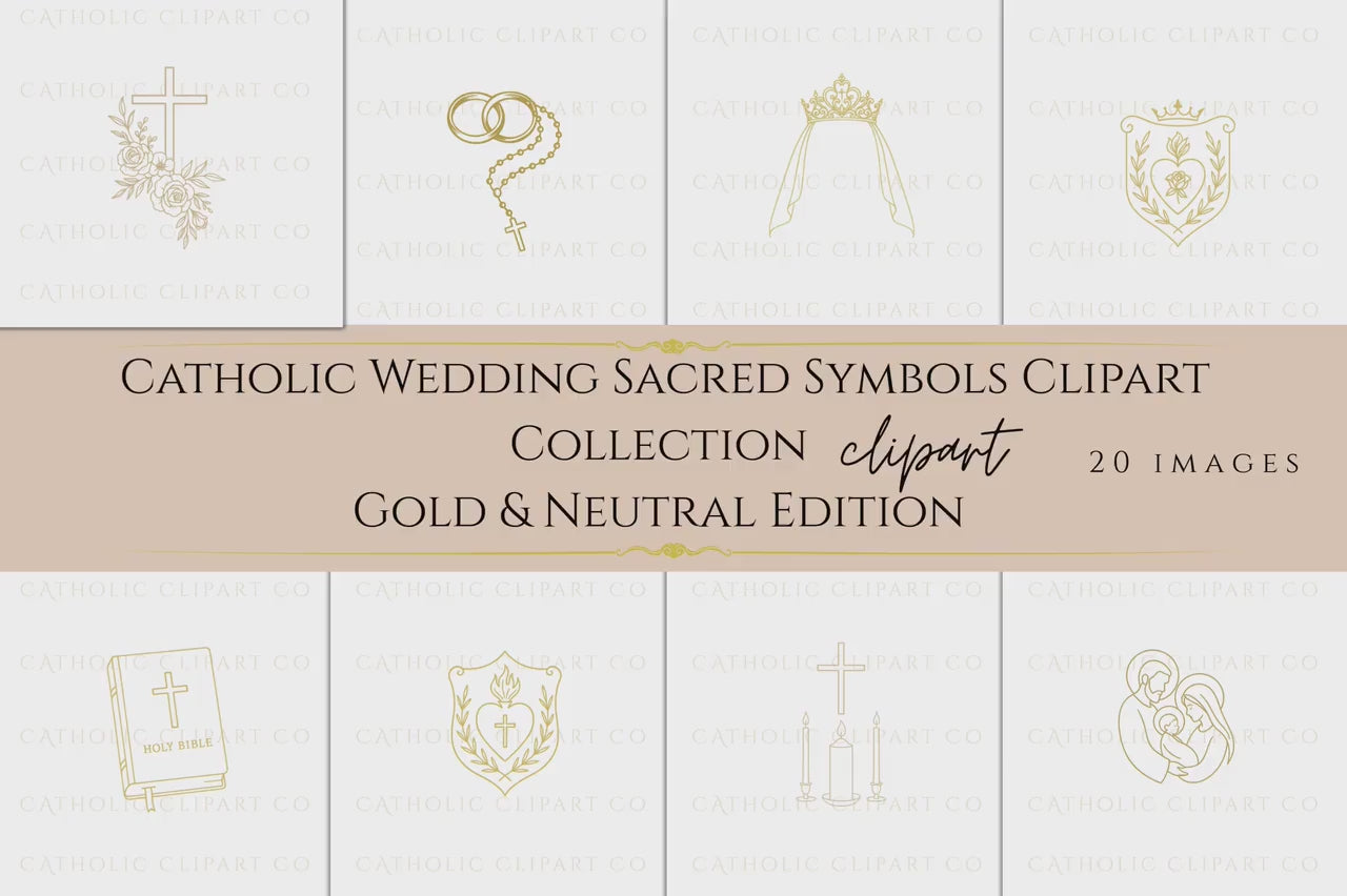 Catholic Wedding Clipart Bundle, Gold Line Art Symbols, Marian Monogram, Sacred Heart, Doves, Crosses, Floral Crests, Holy Family PNG JPG