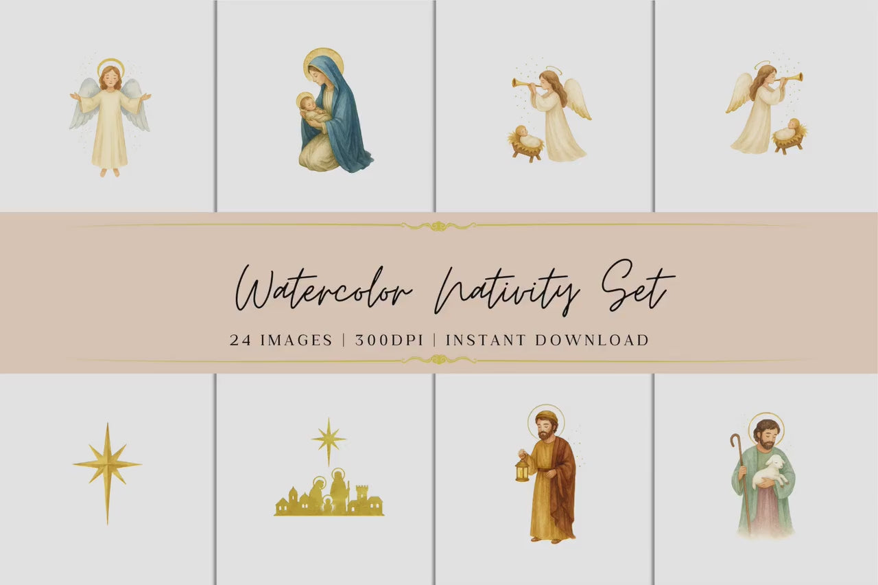 Watercolor Nativity Clipart Set • Holy Family Christmas PNG • Mary Joseph Baby Jesus • Christian Clip Art • Angels Wise Men Shepherds