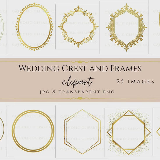 Wedding Crest & Frames Clipart PNG | 25 Gold Ornate Wedding Crests and Frames for Invitations, Programs, Logos and Commercial Use
