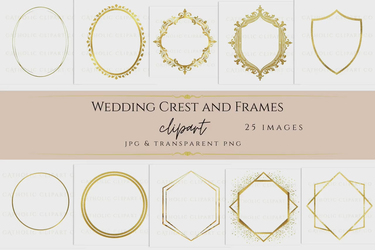 Wedding Crest & Frames Clipart PNG | 25 Gold Ornate Wedding Crests and Frames for Invitations, Programs, Logos and Commercial Use